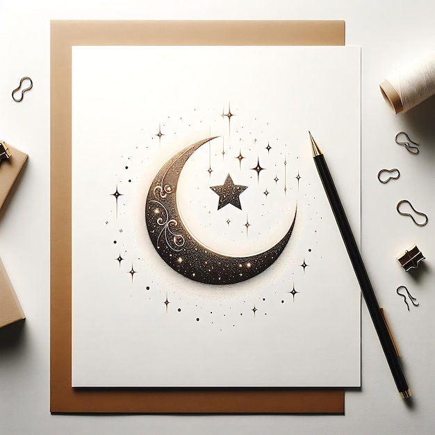 creating an Eid Mubarak greeting card with a moon and stars on a white background_ai_generated