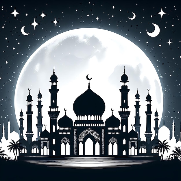 creating an Eid Mubarak greeting card with a moon and stars on a white background_ai_generated