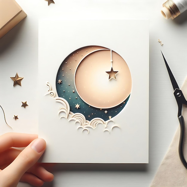 creating an Eid Mubarak greeting card with a moon and stars on a white background_ai_generated