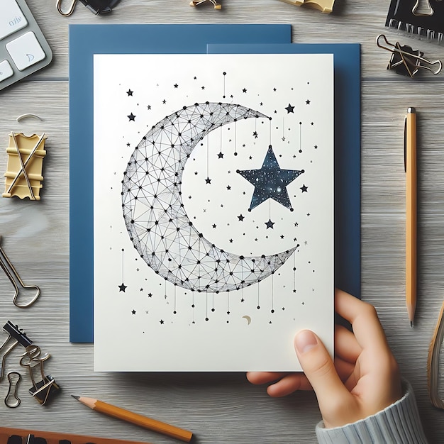 creating an Eid Mubarak greeting card with a moon and stars on a white background_ai_generated