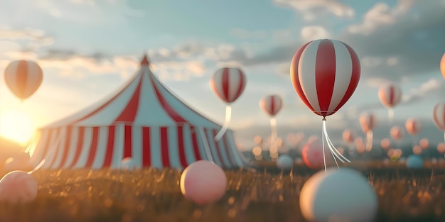 Creating a Festive and Magical Atmosphere with Balloons and a Circus Tent at Sunset Concept Outdoor Photoshoot Balloons Circus Tent Sunset Festive Atmosphere