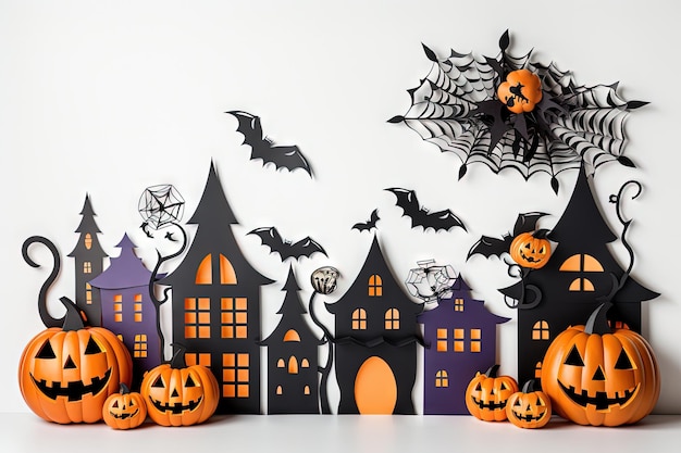 Creating Halloween party decorations from colored paper on a white backdrop for cheerful holiday vib