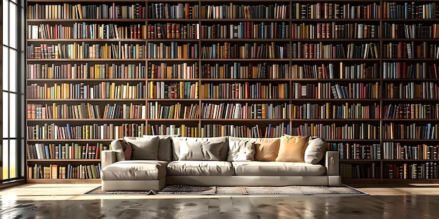 Creating an Inviting Atmosphere Cozy Library Scene with Large Bookcase Sofa and Books Concept Cozy Book Nook Library Inspiration Bookshelf Decor Reading Corner Ideas