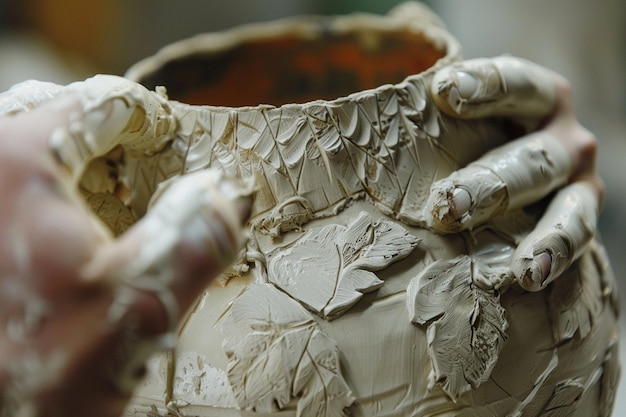 Photo creating a jar or vase of white clay closeup