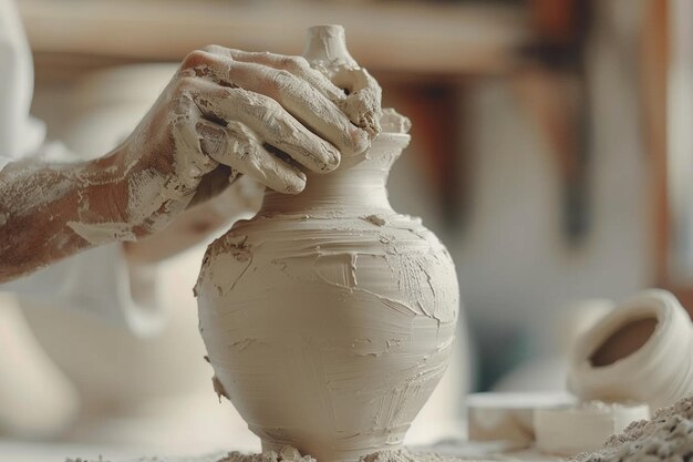 Creating a jar or vase of white clay closeup