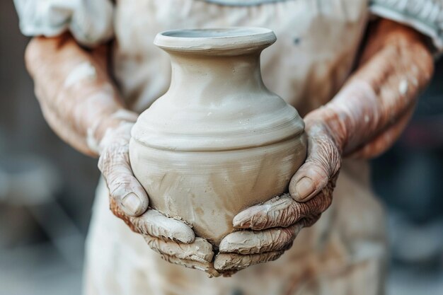 Creating a jar or vase of white clay closeup