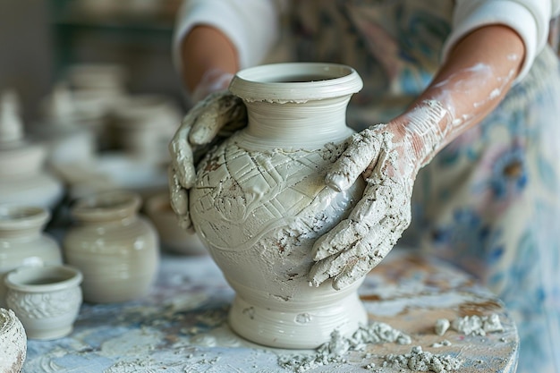 Creating a jar or vase of white clay closeup