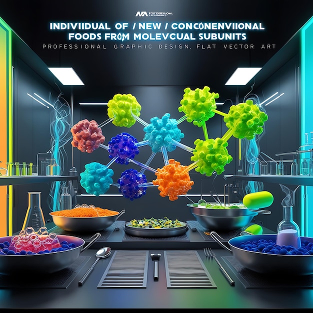 Photo creating of new unconventional foods from individual molecular subunits no text