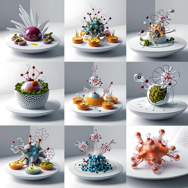 Photo creating of new unconventional foods from individual molecular subunits no text