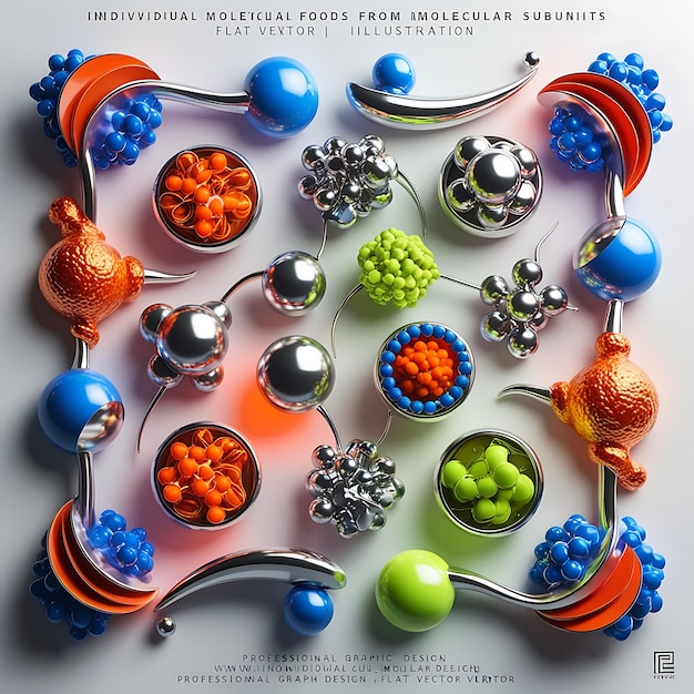 Photo creating of new unconventional foods from individual molecular subunits no text