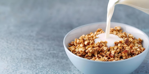 Creating a nutritious breakfast by pouring milk over granola in a bowl Concept Food photography Healthy breakfast Granola and milk Nutritious meal