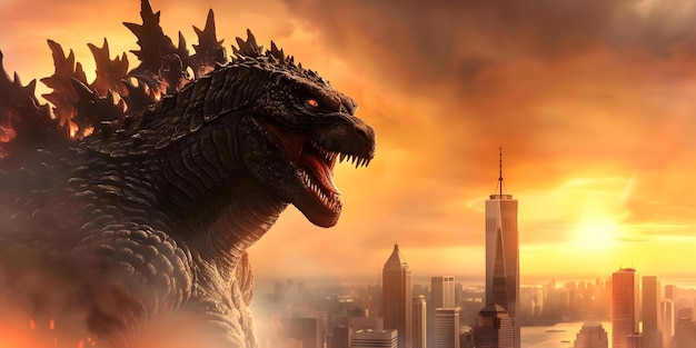 Creating a Photorealistic Painting of Godzilla on City Buildings with Advanced Technology Concept Artistic Creation SciFi Fantasy Photorealism Godzilla Cityscape