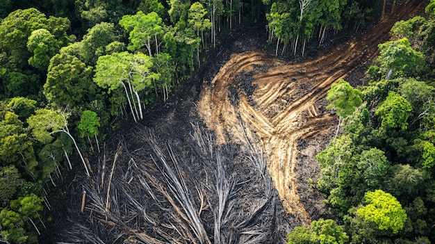 Photo creating a road through deforestation aerial view of the amazon rainforest