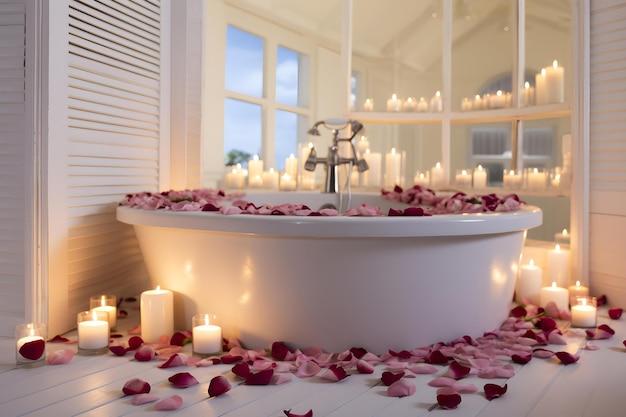 Creating a Romantic Atmosphere in a White Bathroom with Rose Petals and Candles Concept Romantic Lighting Rose Petal Decor Candlelit Bath White Bathroom Intimate Setting