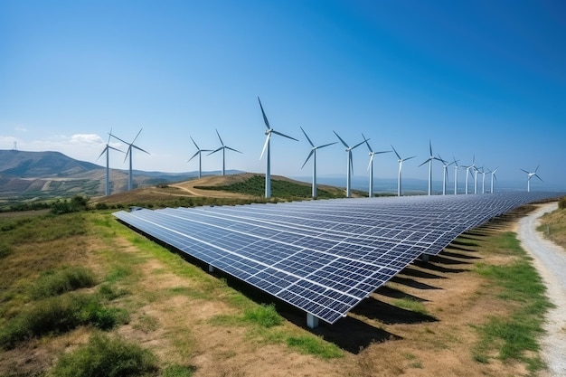 Creating sustainable energy using solar panels and wind farms is enterprise friendly The concept of clean and sustainable development Generative AI