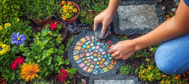 Photo creating a vibrant garden stepping stone with cement and decorative tiles in a colorful garden