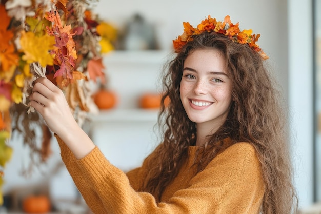 Creating a Warm Autumn Atmosphere A Young Womans Joyful Home Decoration Experience with Vibrant Lea