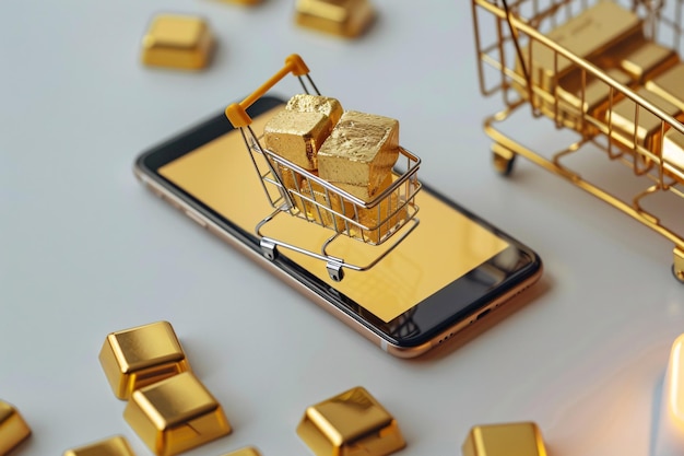 Photo creative 3d illustration of gold bars in a shopping cart on a smartphone symbolizing wealth