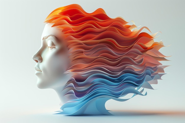 Creative 3D portrait of a woman with flowing multicolored hair blending shades of red orange and