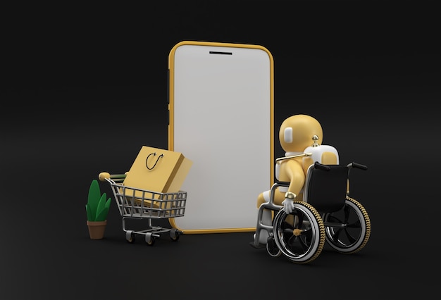 Creative 3D Render Mobile Online Shopping Mockup with Astronaut in Wheelchair Web Banner, Marketing material, presentation, online advertising.