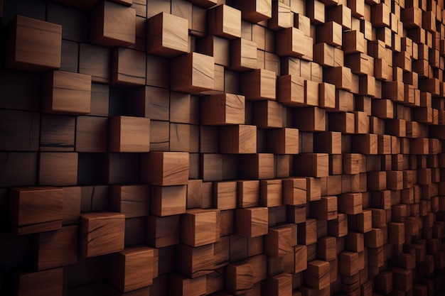 Creative 3d wooden wall surface with square tiles texture cubes brown background generative ai