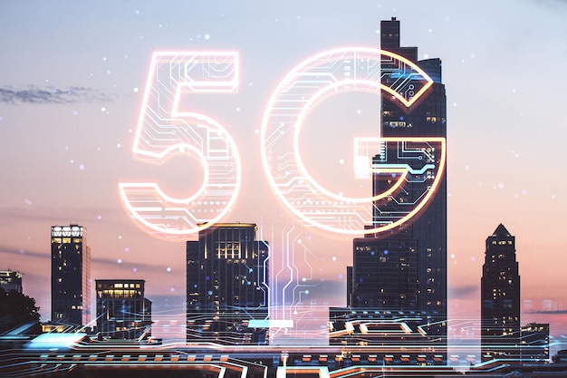 Creative 5G hologram on blurry night city backdrop Speed internet and technology communication concept Double exposure