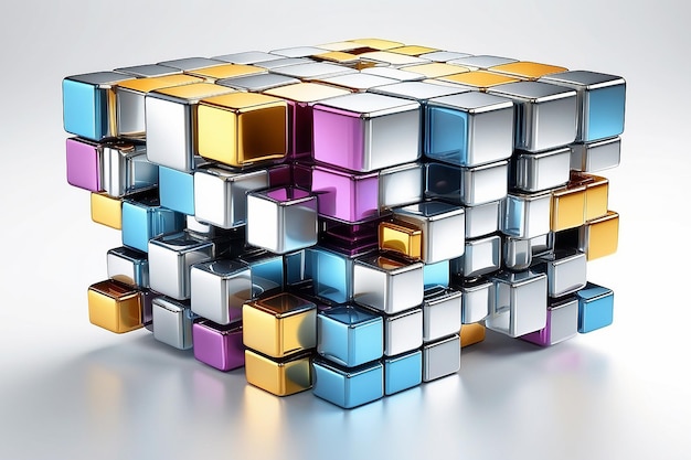 Creative abstract business teamwork internet and communication concept metal color cubic structure with assembling metallic cubes isolated on white background with reflection effect