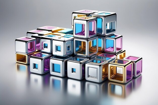 Creative abstract business teamwork internet and communication concept metal color cubic structure with assembling metallic cubes isolated on white background with reflection effect