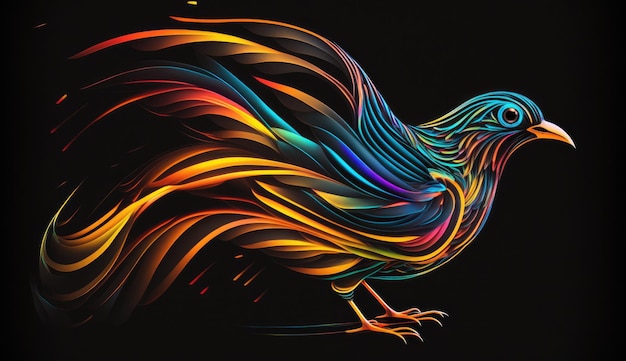 A creative abstract design of a glowing bird with a long tail surrounded by swirling neon colorsset against a black background