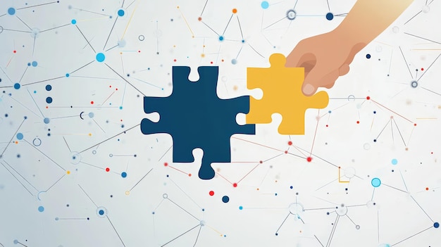 Photo creative abstract illustration of two large puzzle pieces being connected by a figure concept of business collaboration teamwork and problemsolving