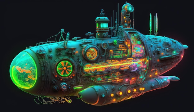 A creative abstract neon design of a glowing futuristic submarine with neoncolored parts and intricate details set against a dark abstract background