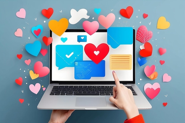 Creative abstract template collage of woman hand algorithm giving likes hearts reaction social media laptop smm strategy successful blogger