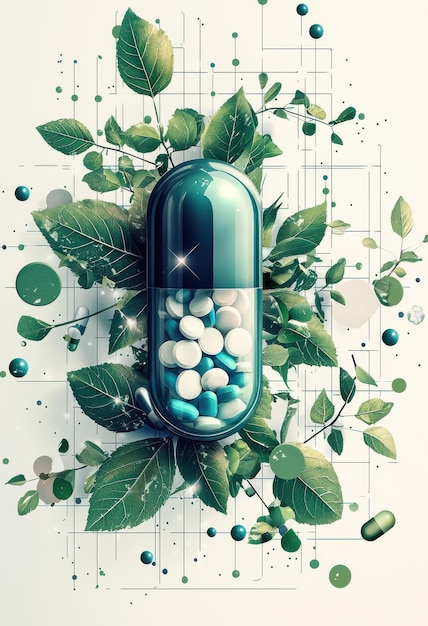 Photo creative advertising banner background featuring a capsule surrounded by lush green leaves symbolizing the blend of nature and technology in pharmaceutical innovation