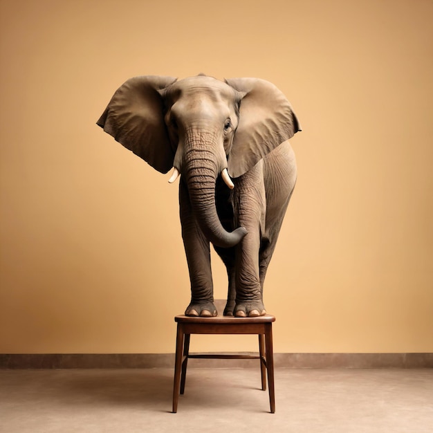 Creative animal concept big elephant standing in a chair strong durable concept copy space