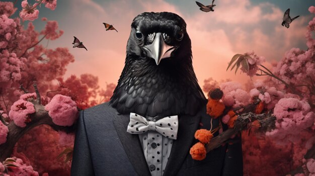 Creative animal concept black cow bird in smart suit