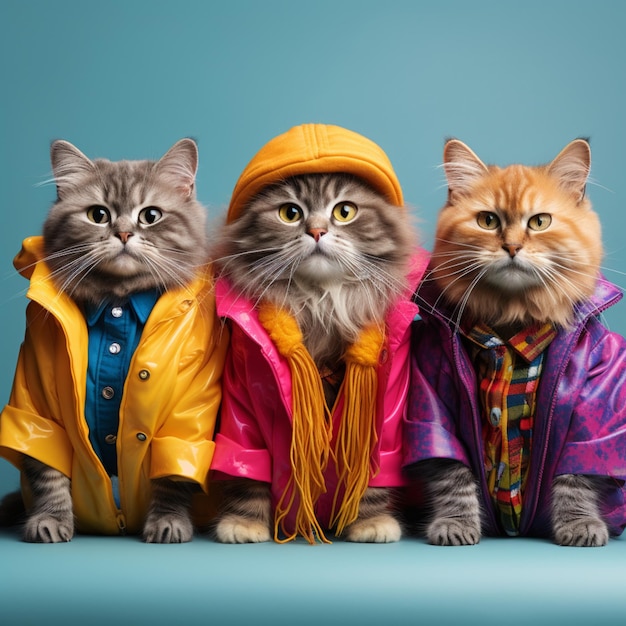 Creative animal concept Cat in a group vibrant bright fashionable outfits isolated on solid backg