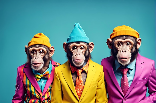 Creative animal concept Group of monkeys in funky colorful outfits on bright background birthday