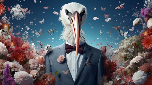 Creative animal concept stork bird in smart suit