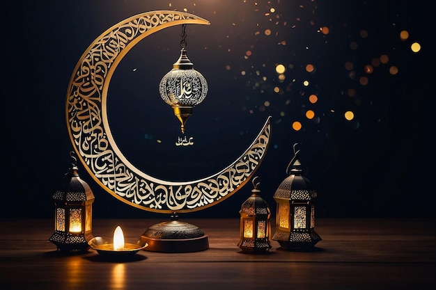 Creative Arabic Islamic Calligraphy of text Ramadan Kareem in crescent moon shape with lamp