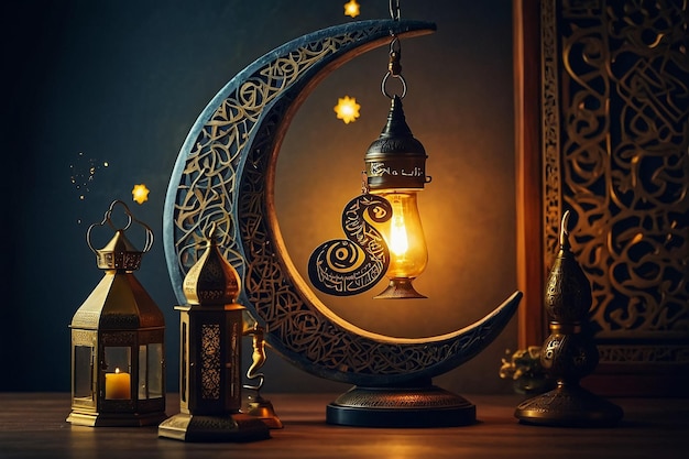 Creative Arabic Islamic Calligraphy of text Ramadan Kareem in crescent moon shape with lamp