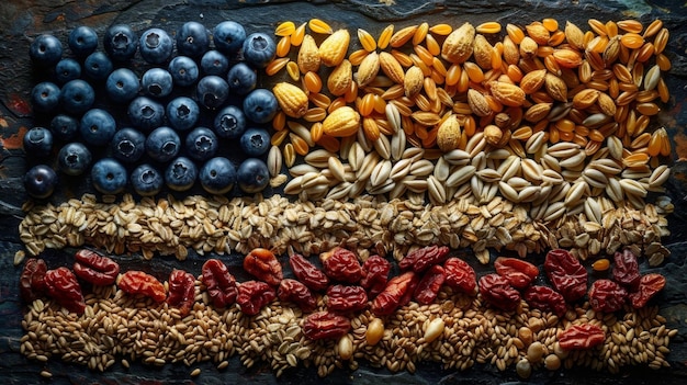 Creative arrangement of blueberries seeds and nuts forming the American flag