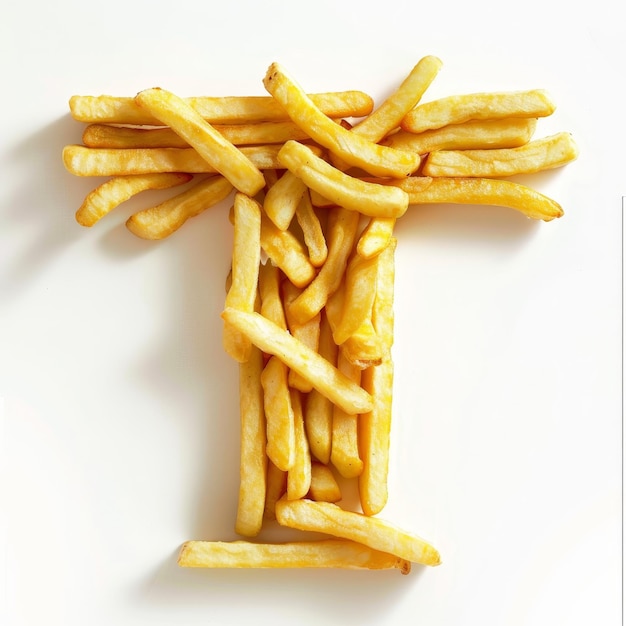 Photo creative arrangement of french fries in the shape of the letter t on a white background perfect for food and typography concepts