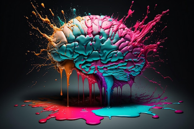 Creative art brain explodes with colorful paint splashes on a dark background concept idea Exploding mind Bright 3D image is AI generated