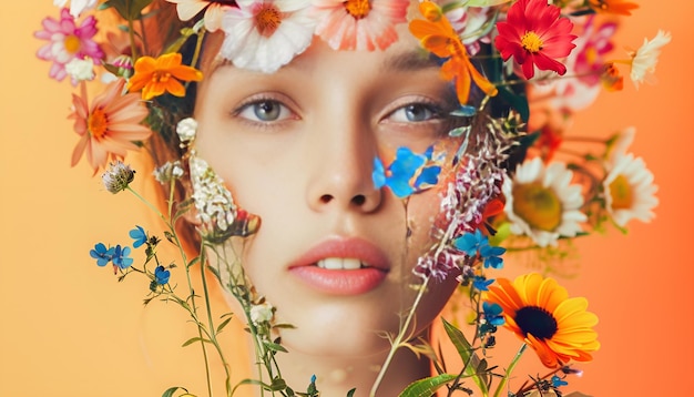 Creative art collage with beautiful meadow flowers and woman on color background