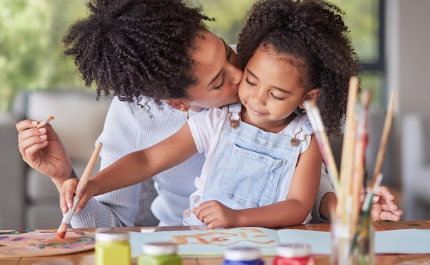 Creative art and mother painting with her child with colorful paint paint brush and paper Creativity love and care between a happy mom and girl doing a hobby or education project together at home