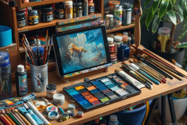 Photo creative art workspace with digital painting tutorial and supplies for selfeducation