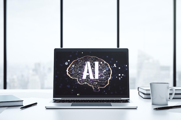 Creative artificial Intelligence concept with human brain hologram on modern laptop screen 3D Rendering