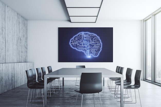 Creative artificial Intelligence concept with human brain hologram on presentation screen in a modern conference room 3D Rendering