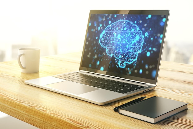 Creative artificial Intelligence concept with human brain sketch on modern laptop monitor 3D Rendering