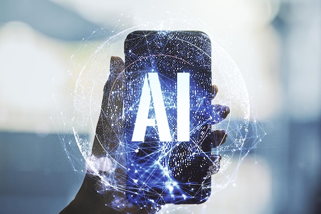 Creative artificial Intelligence symbol concept and hand with mobile phone on background Double exposure